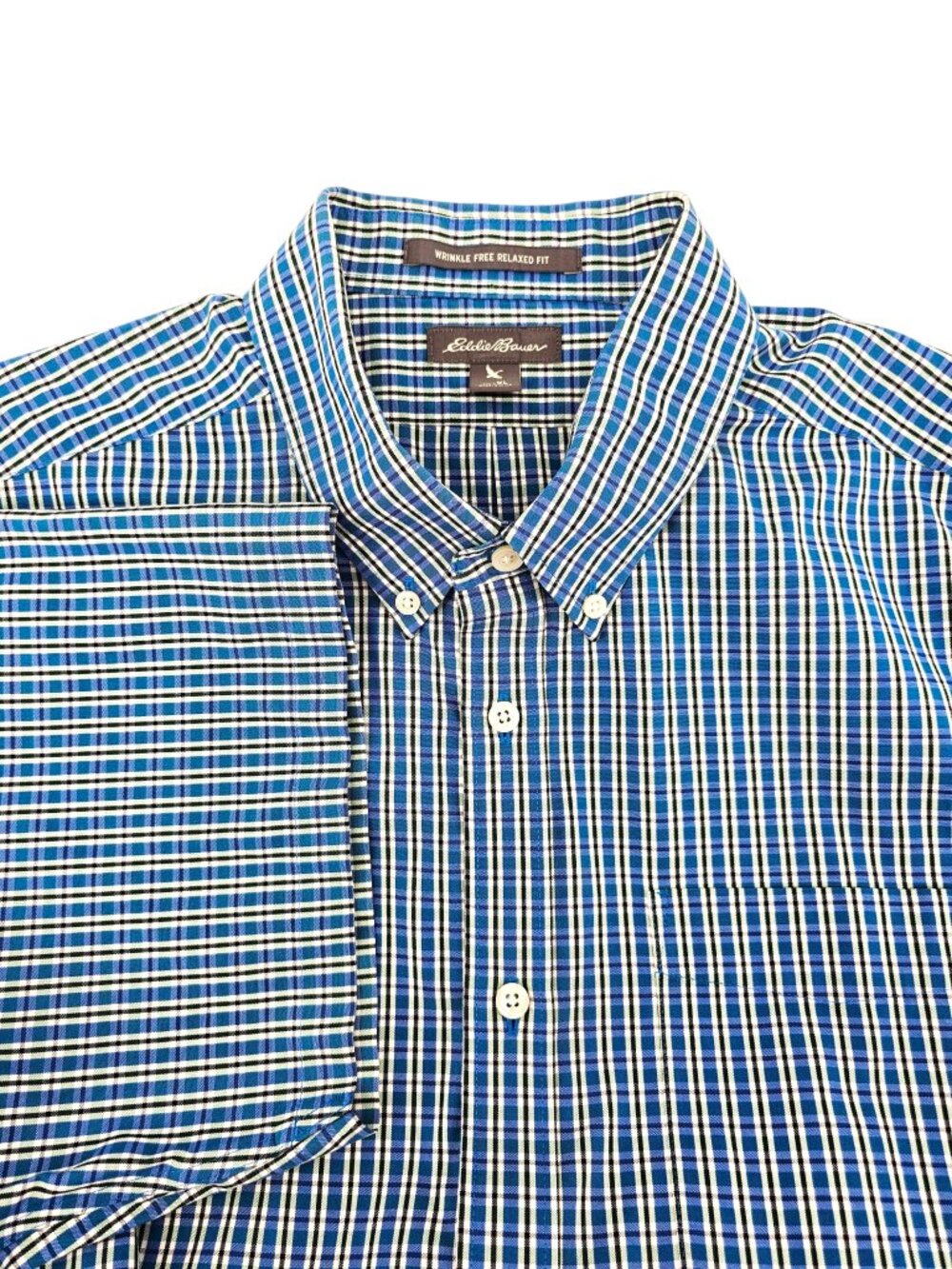 Eddie Bauer Mens XL Relaxed Fit Wrinkle Resistant Plaid Short Sleeve Shirt Blue